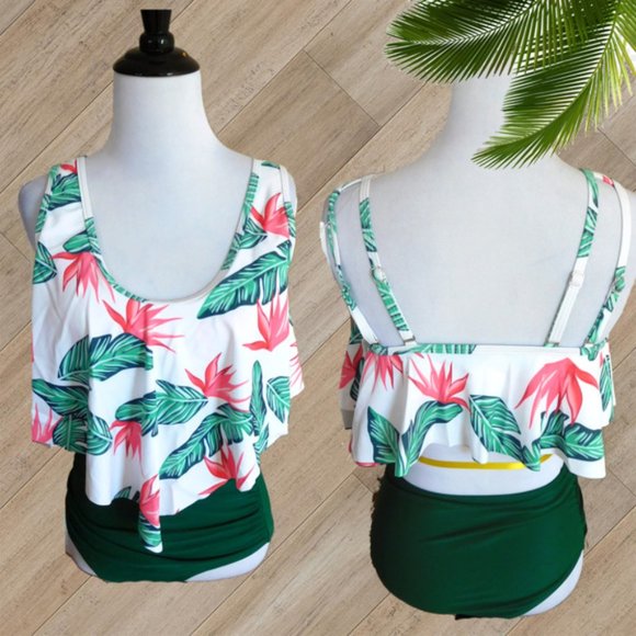 TROPICAL PRINT RUFFLE TWO PIECE SWIMSUIT - Picture 2 of 2
